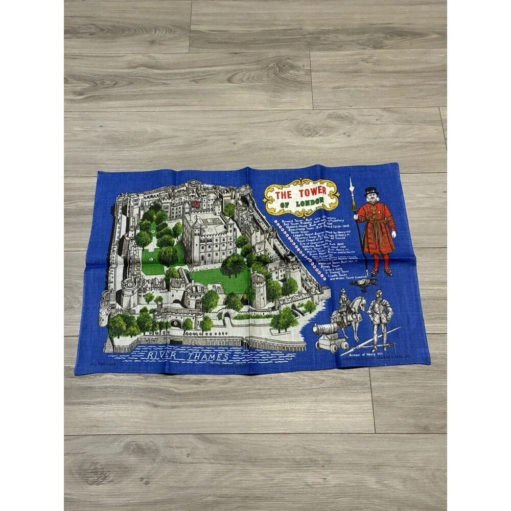 VINTAGE IRISH LINEN TEA TOWEL BY ULSCER “The Tower Of London” The River Thames